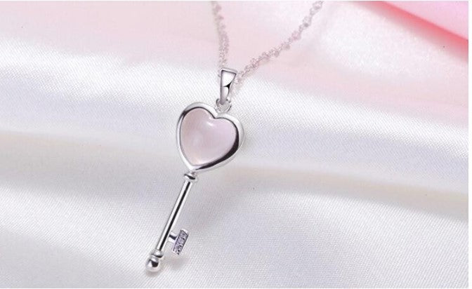 New Arrival Fashion Love Heart Key  Opal Gem Stone 925 Sterling Silver Ladies  Pendant Necklaces Jewelry Gift Christmas