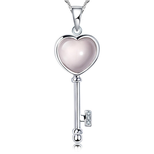 New Arrival Fashion Love Heart Key  Opal Gem Stone 925 Sterling Silver Ladies  Pendant Necklaces Jewelry Gift Christmas